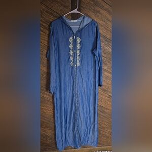 Elegant Denim Blue Kaftan Djellaba Long Modest With Gold Details And Hood Large